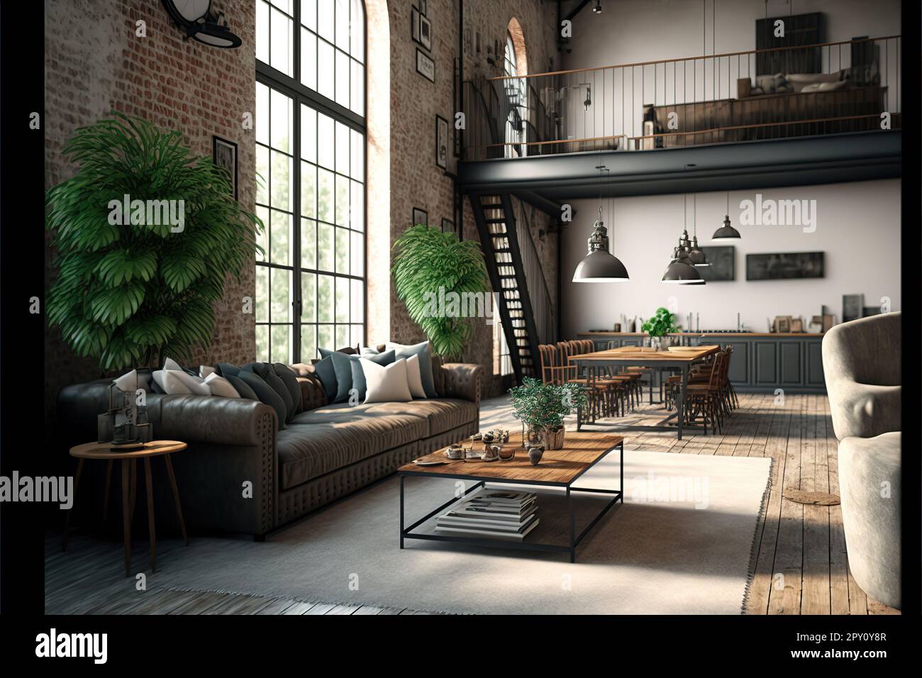 Living room interior in loft, industrial style, 3d render Stock Photo ...
