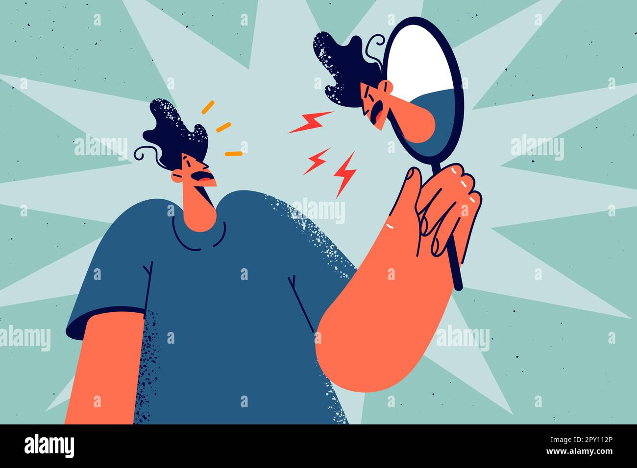 Frustrated man look in mirror see angry self reflection screaming