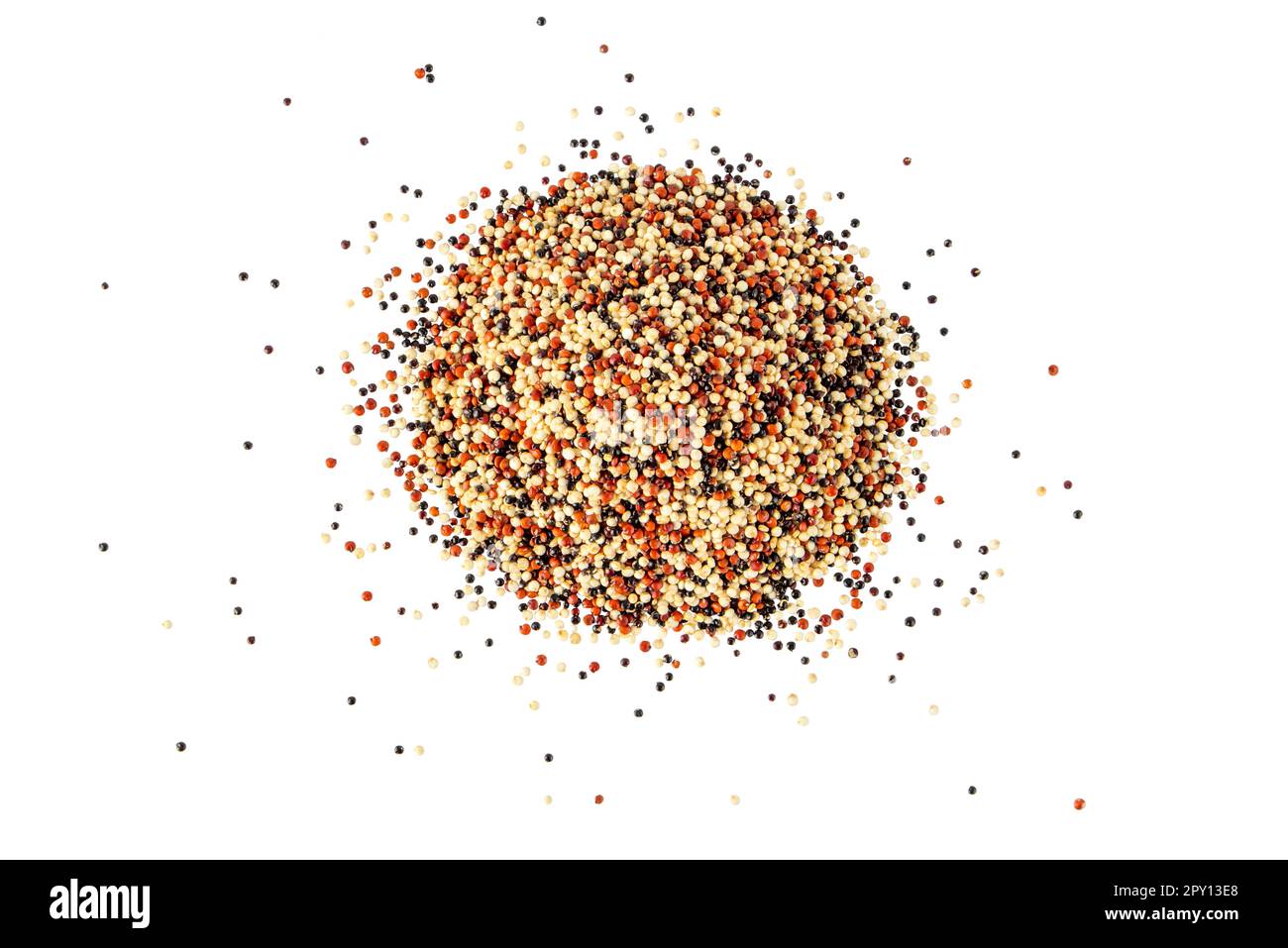 Quinoa grain pile top view isolated on white. Raw mixed tricolor seeds