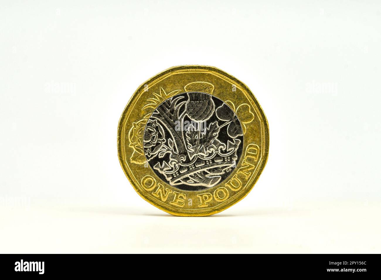 British one pound coin standing on its edge isolated aganst a plain white background. Copy space. Stock Photo