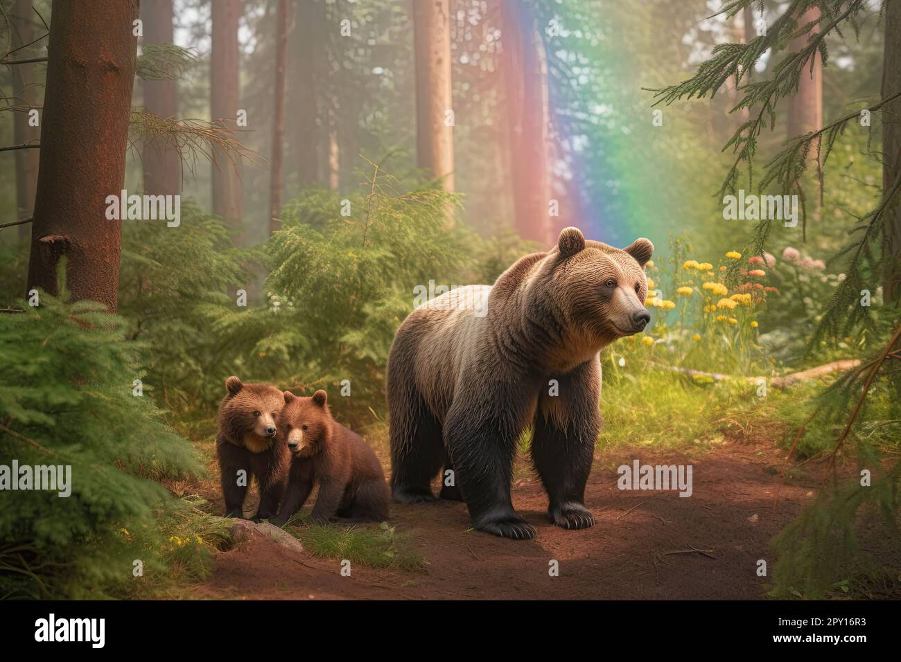 Mama bear protects her cubs in a magical forest with rainbow bridge