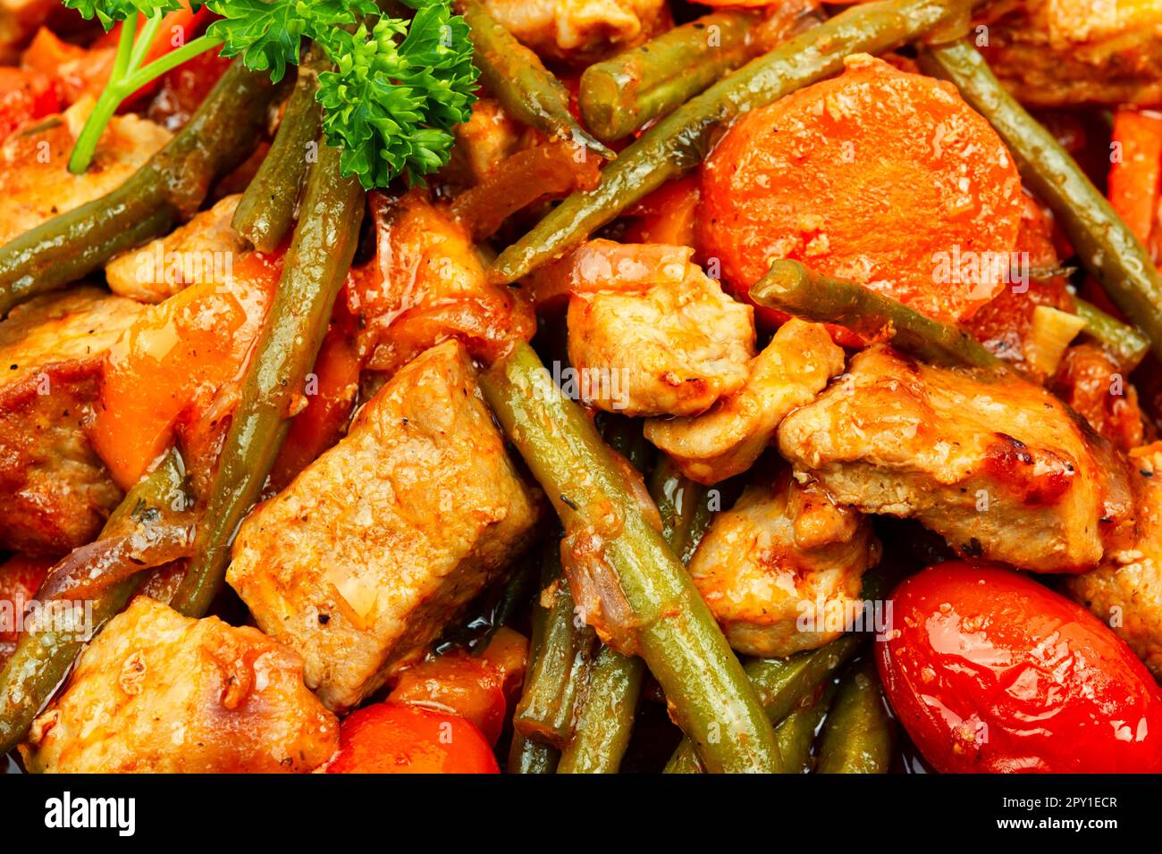 Stewed meat with carrots,tomatoes and french bean.Meat sauce, gravy
