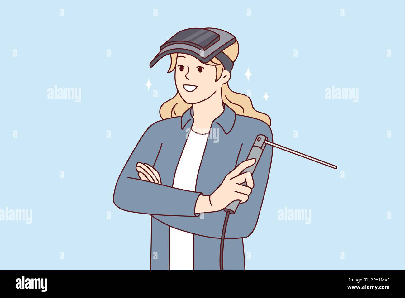 Woman with welding machine and mask protecting eyes stands with arms crossed and looks forward