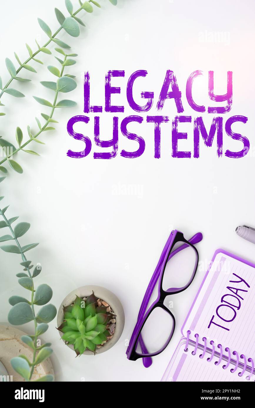 Sign displaying Legacy Systems, Word Written on old method technology computer system or application program Stock Photo