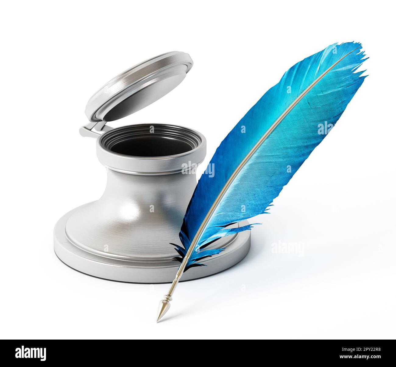 Ink bottle and quill isolated on white background. 3D illustration
