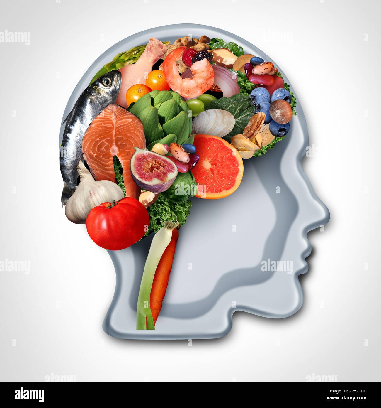 Dementia and Mediterranean diet as a traditional way of eating based on the cuisine of Greece Italy Spain and Turkey as whole unprocessed healthy Stock Photo