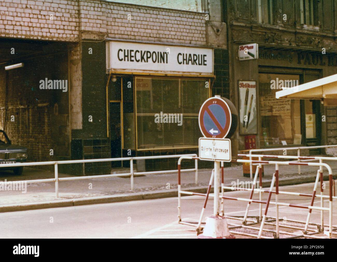 Historical image of Checkpoint Charlie in West Berlin 1976 (Digital processing from Kodacolor Gold 100) Stock Photo