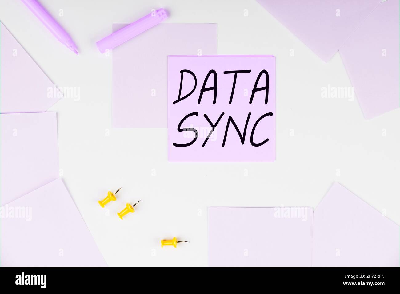 Conceptual display Data Sync, Conceptual photo data that is continuously generated by different sources Stock Photo