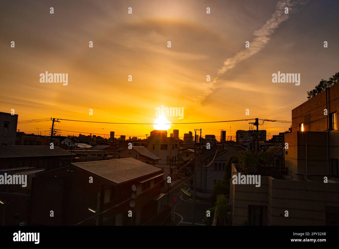 A view of the sunrise in Tokyo. An early morning in a residential area. There are silhouette of tall sky scrappers at far distance. Stock Photo