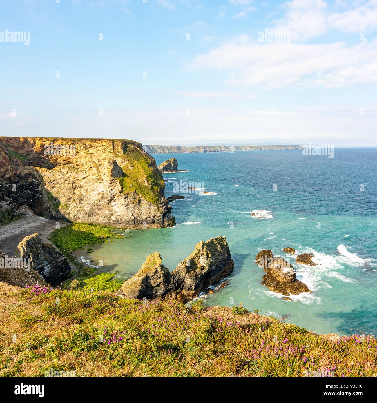 A close-to-the-edge view looking over Western Cove below Western Hill - Portreath, north Cornwall, UK Stock Photo