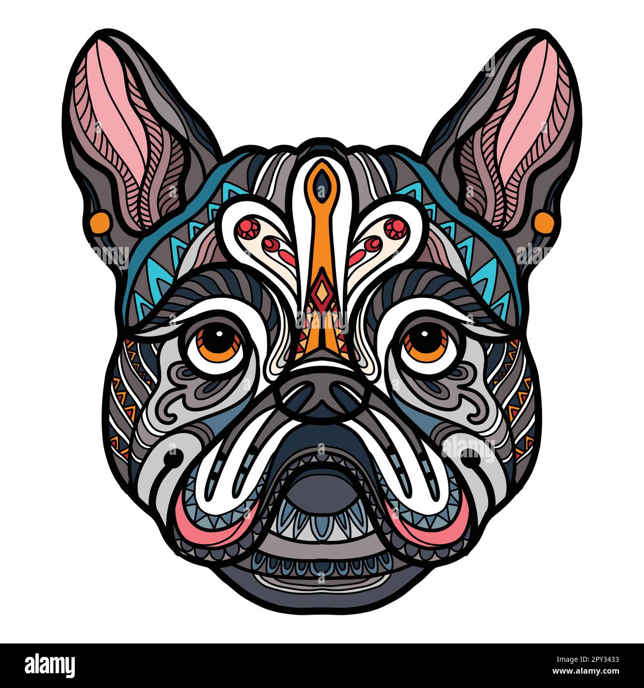 French Bulldog head dog color tangle doodle vector illustration Stock