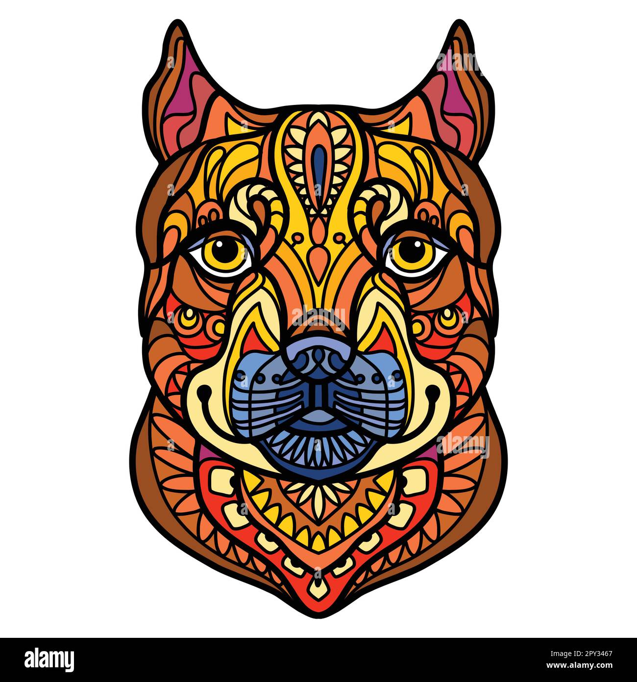 Pitbull head dog color tangle doodle vector illustration Stock Vector