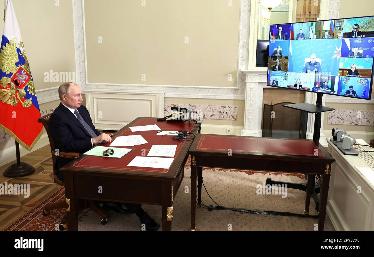 St Petersburg, Russia. 02nd May, 2023. Russian President Vladimir Putin holds a video conference meeting with members of the government, May 2, 2023 in St Petersburg, Russia. The meeting including discussion on the wildfire effecting the Sverdlovsk and Kurgan regions of Russia. Credit: Mikhail Klimentyev/Kremlin Pool/Alamy Live News Stock Photo