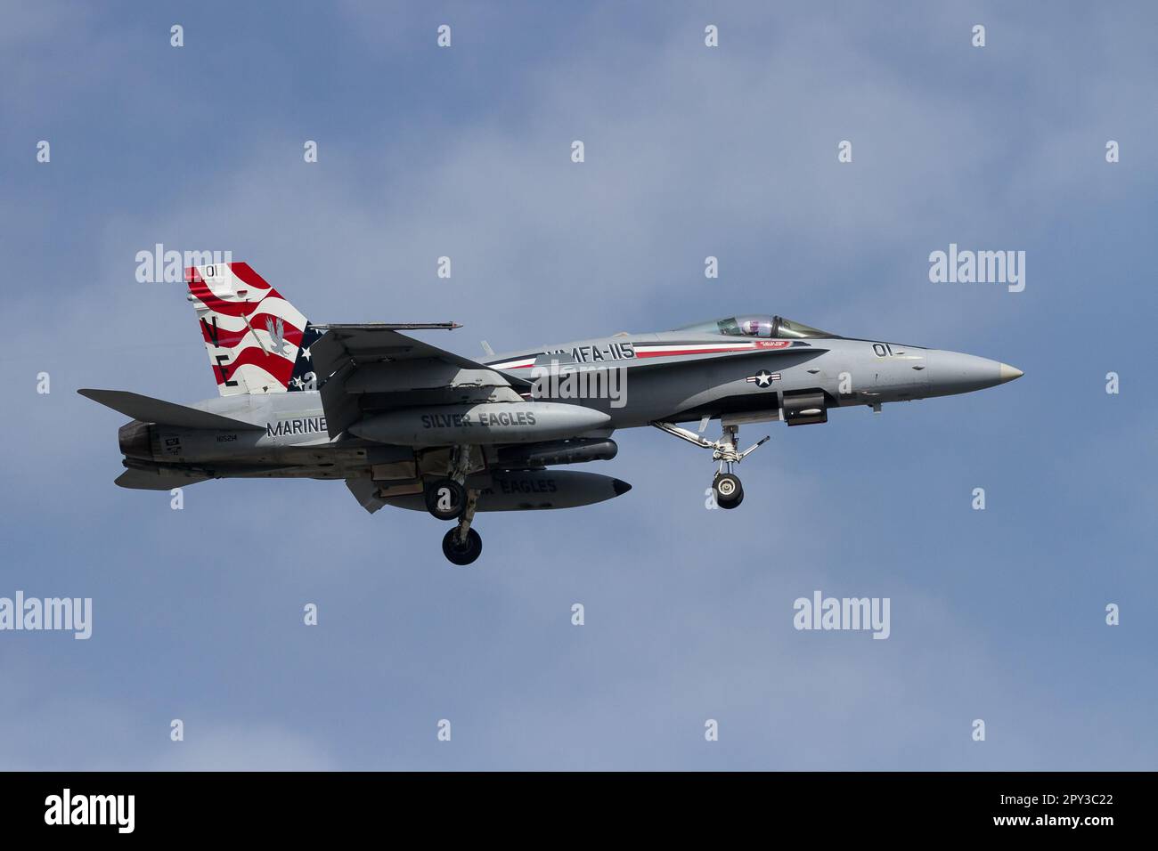 US Marines Corps McDonnell Douglas F/A-18C Legacy Hornet with the Marine Fighter Attack Squadron 115 (VMFA-115) known as the "Silver Eagles" Stock Photo