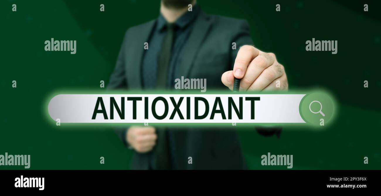 Conceptual caption Antioxidant, Word Written on a substance that