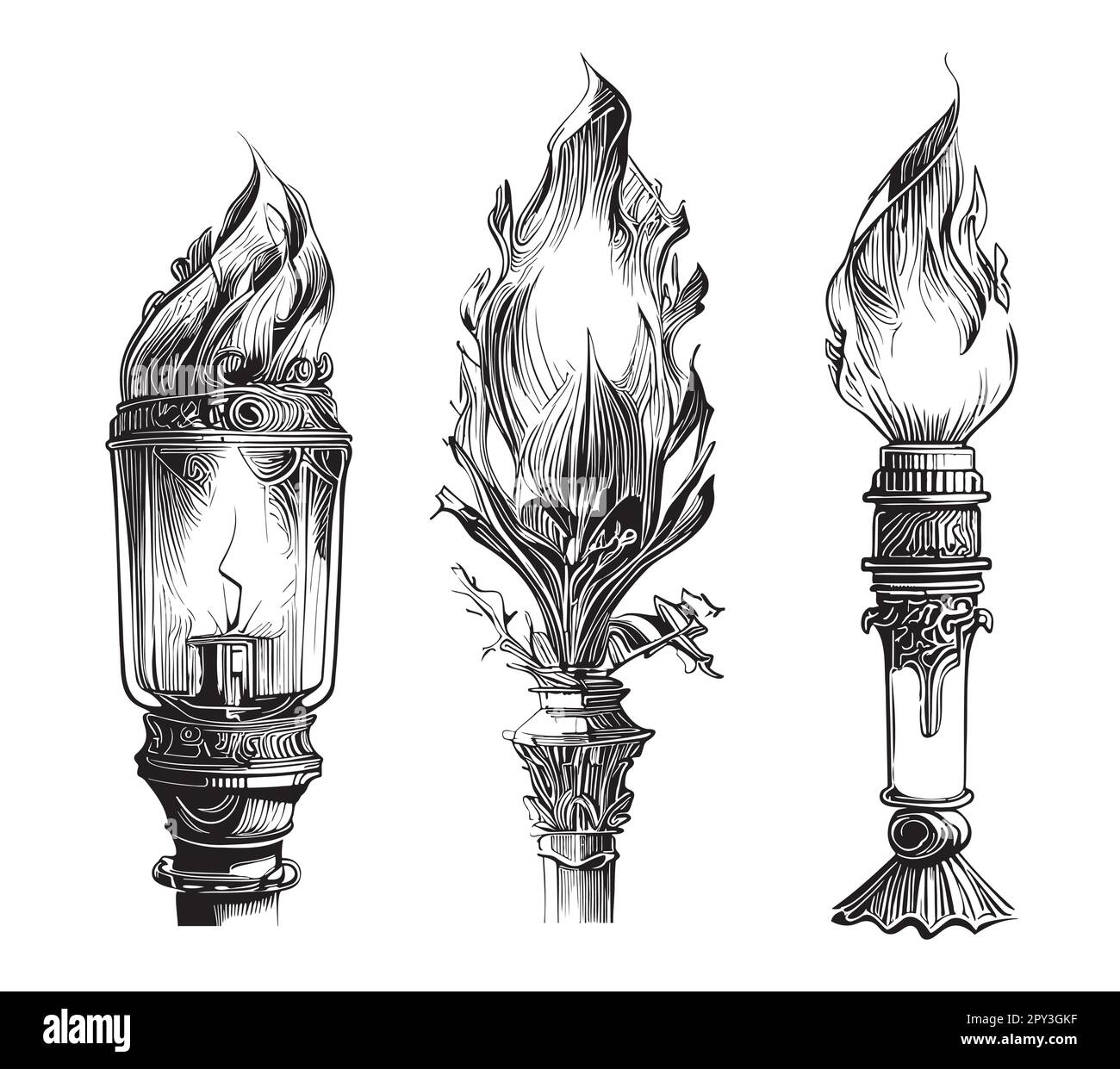 Set of torches sketch hand drawn in doodle style illustration Stock