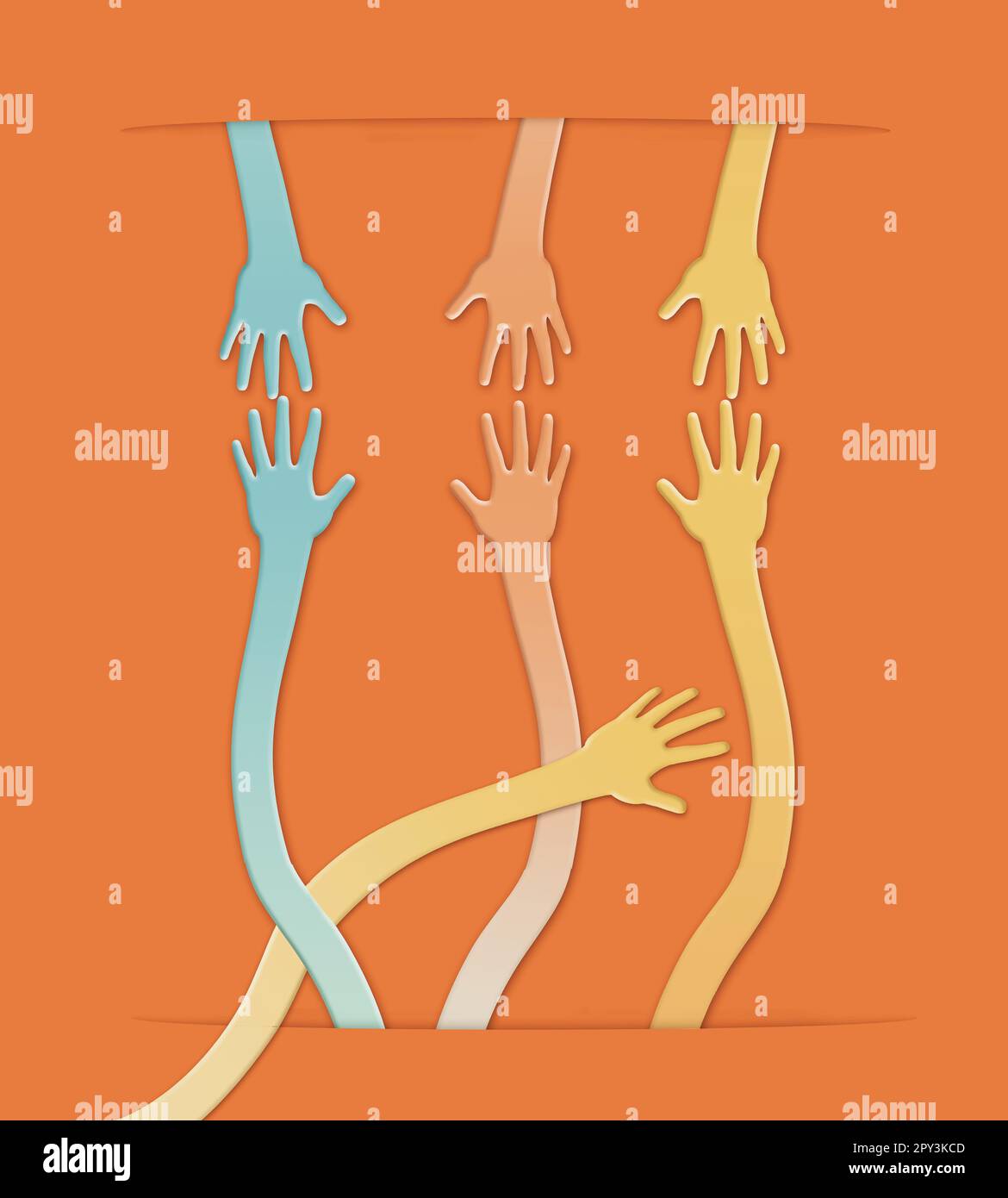 Hands on long thin arms reach across the 3d illustration reaching for