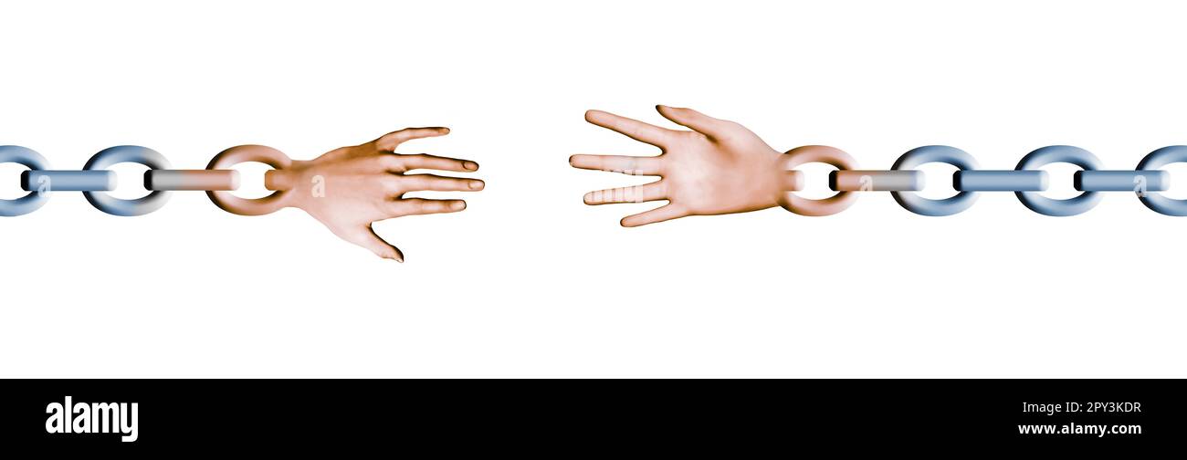 Human hands reach out for each other and the hands are part of a steel chain. This 3-d illustration is about the strength of a marriage or relattionsh Stock Photo