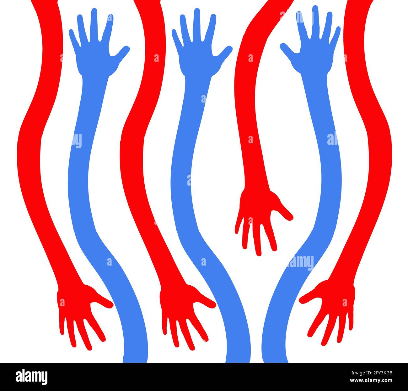 Human hands with long curving arms reach across this 3d illustration