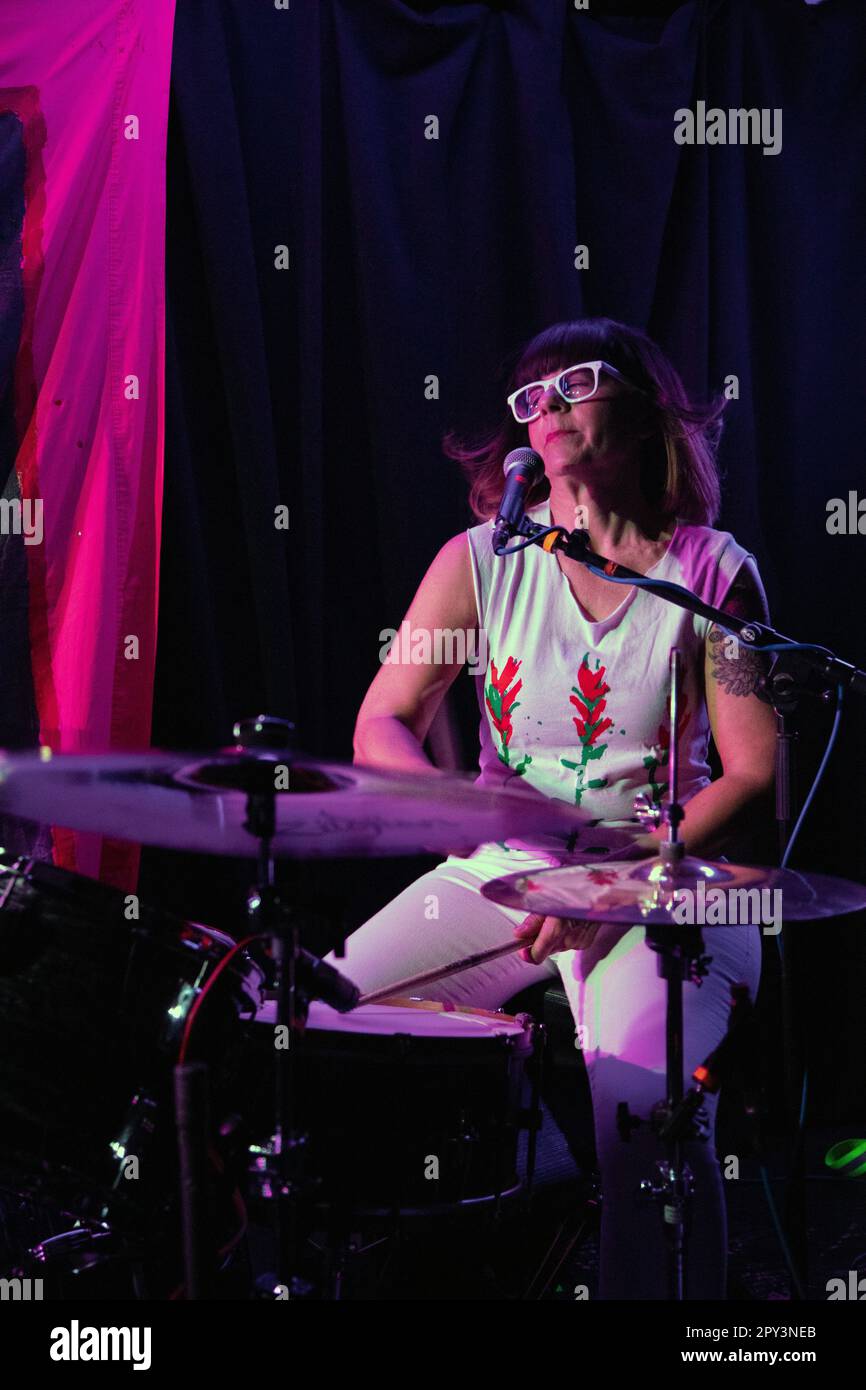 Janet Weiss of indie rock band Quasi on stage at Ramsgate Music Hall, UK, 26/04/2023. Stock Photo
