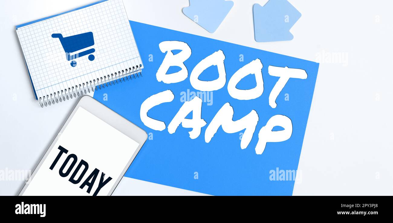 Sign displaying Boot Camp, Internet Concept Military training camp