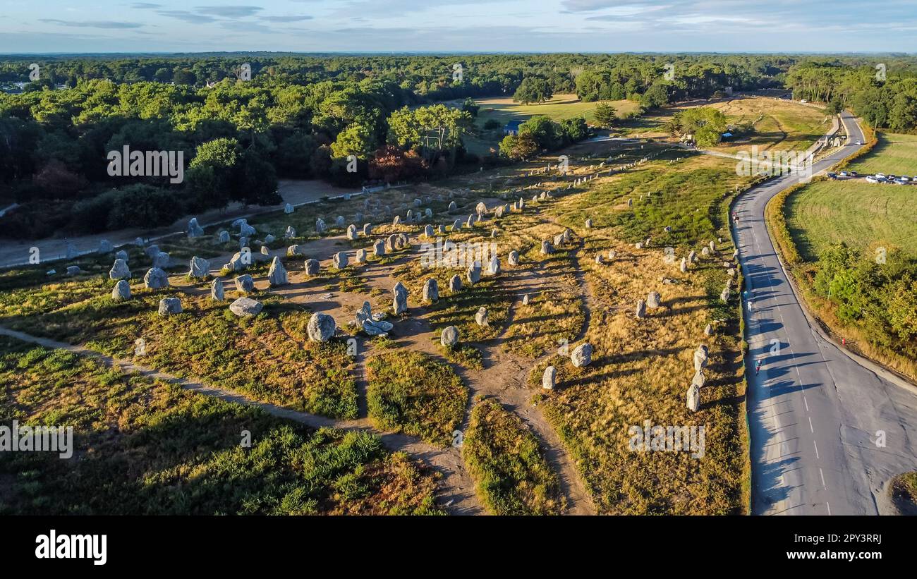 Aerial view of the Carnac stone alignments of Kermario in Morbihan, France - Prehistoric menhirs and megaliths in rows in Brittany Stock Photo