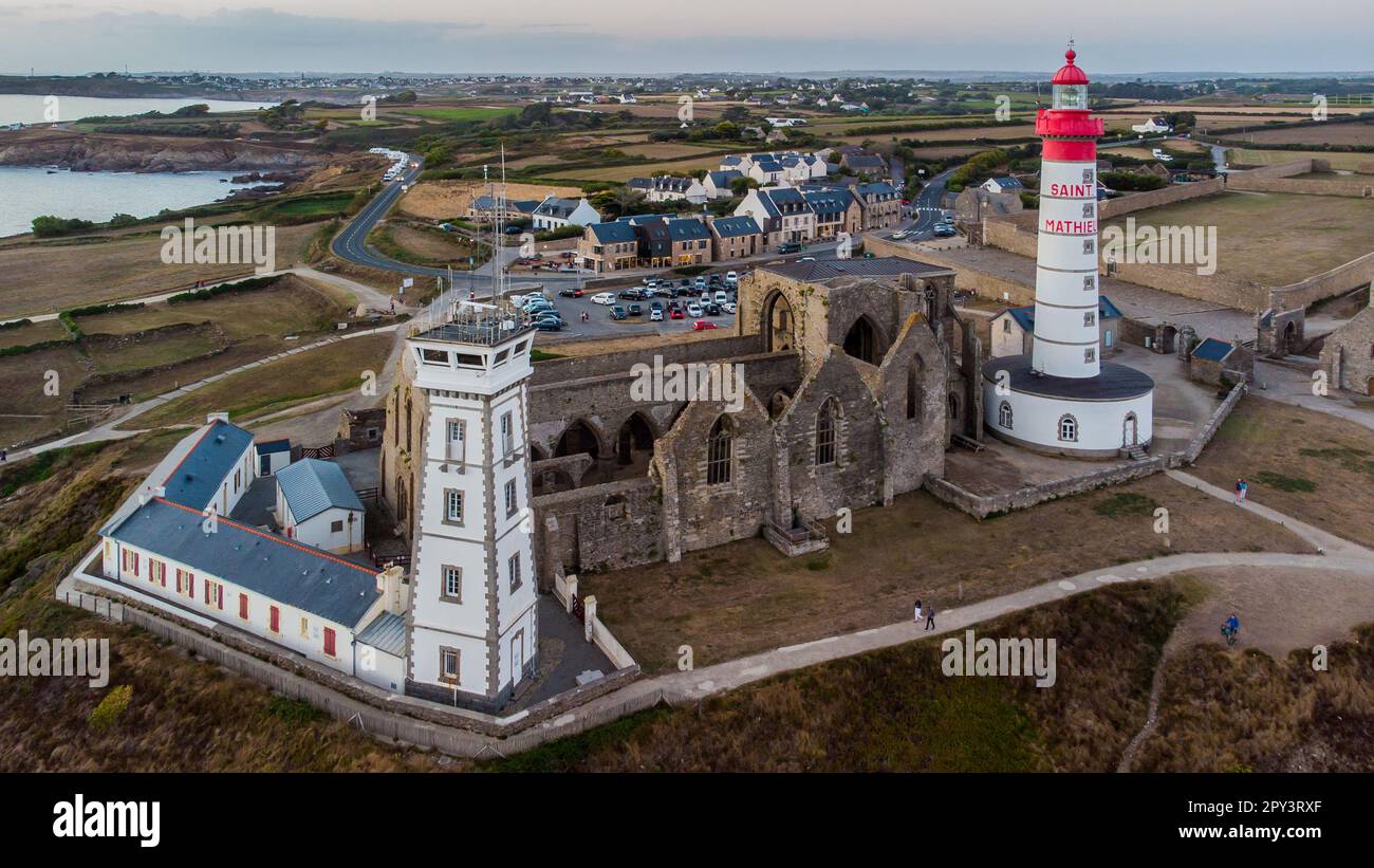 Aerial view of the lighthouse of the Pointe Saint Mathieu facing the ...
