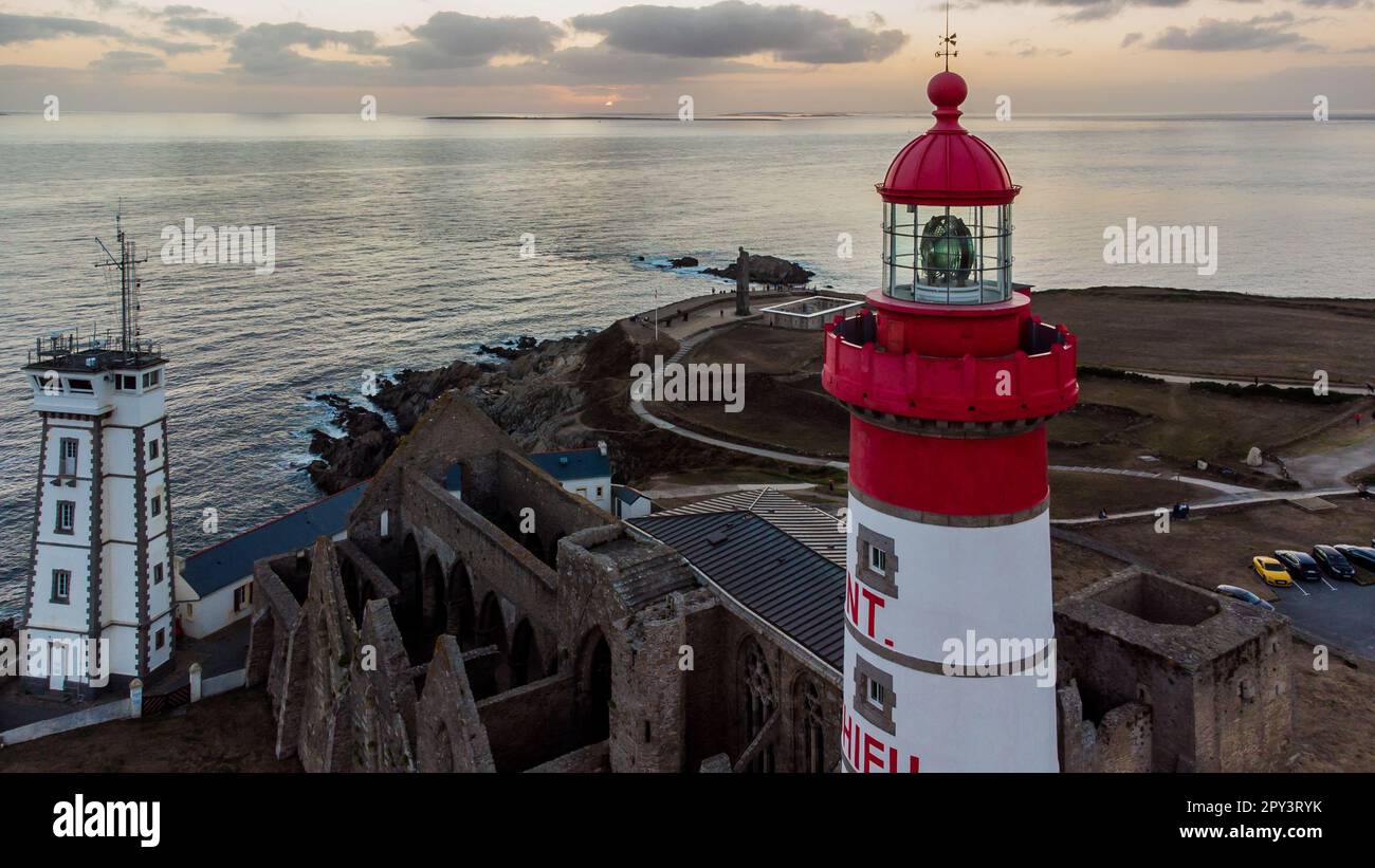 Aerial view of the lighthouse of the Pointe Saint Mathieu facing the ...