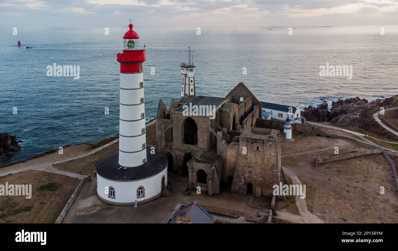Aerial view of the lighthouse of the Pointe Saint Mathieu facing the ...