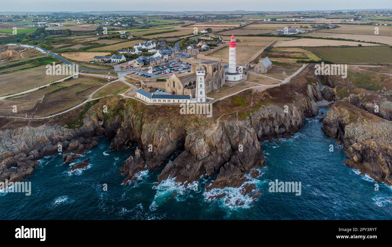 Aerial view of the lighthouse of the Pointe Saint Mathieu facing the ...