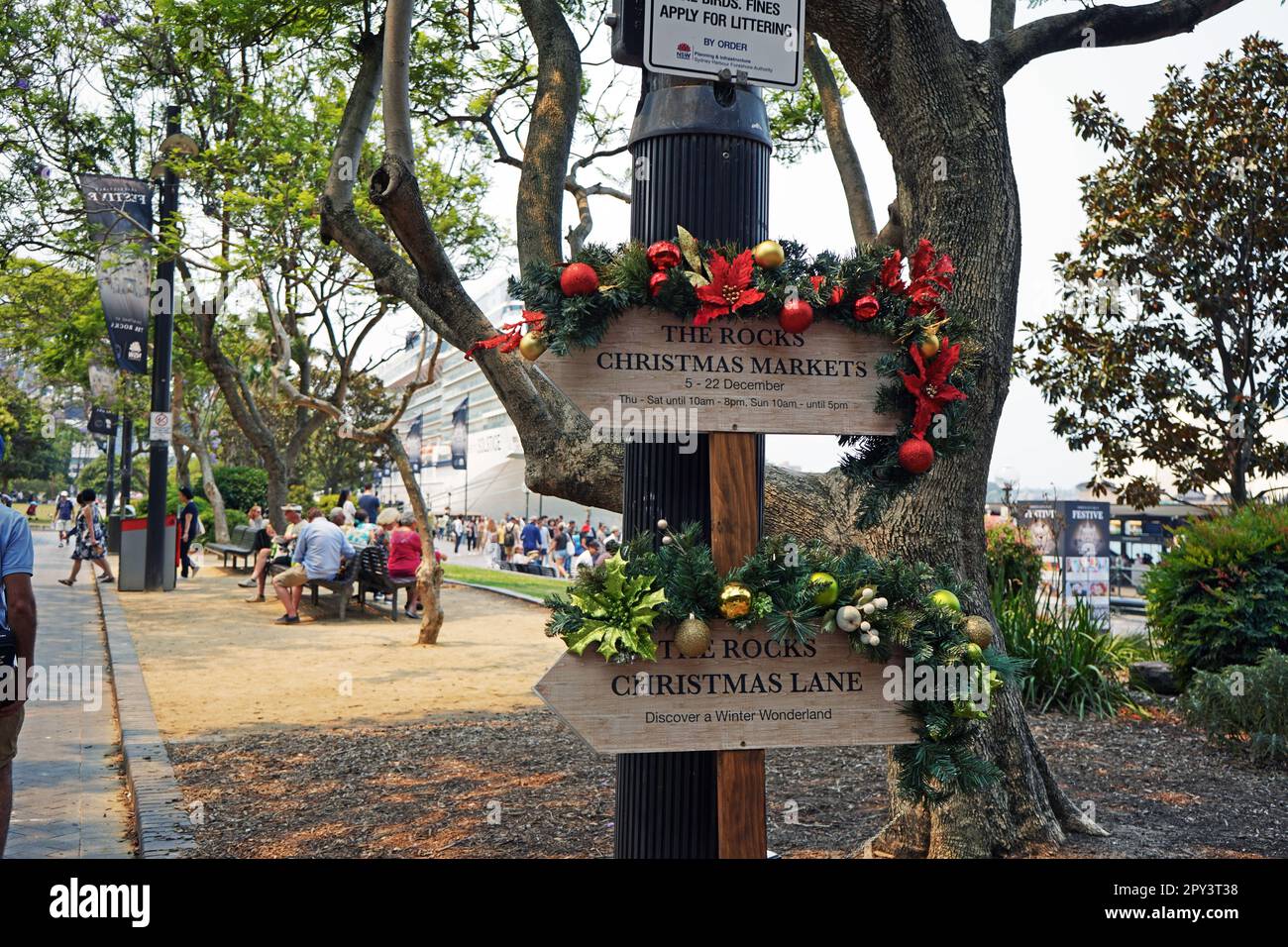 Sydney, NSW / Australia - 14/12/2019: Signs for the Chiristmas markets in The Rocks. Stock Photo
