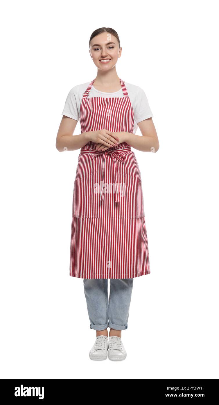 Beautiful young woman in clean striped apron on white background Stock ...