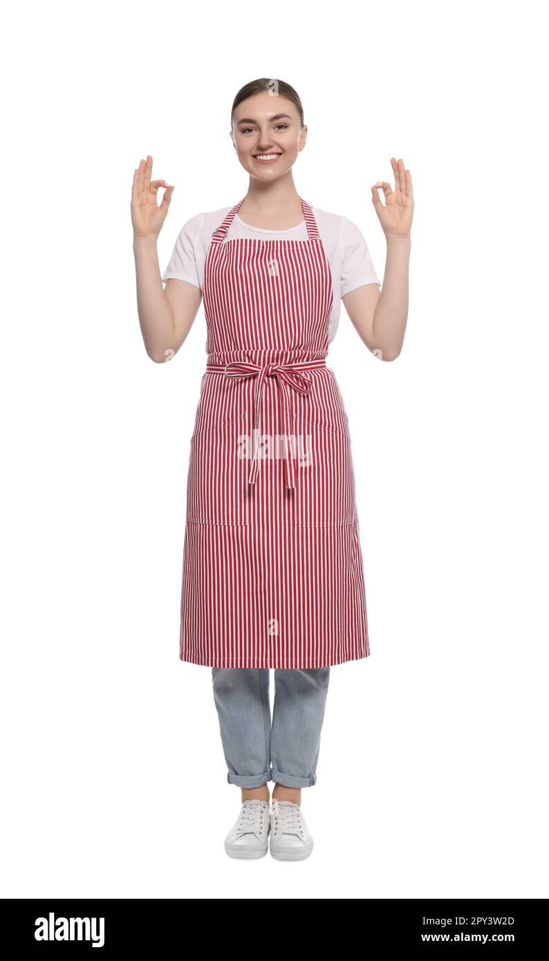 Beautiful young woman in clean striped apron on white background Stock ...