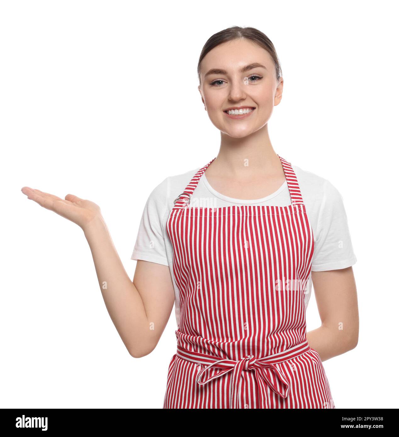 Beautiful young woman in clean striped apron on white background Stock ...