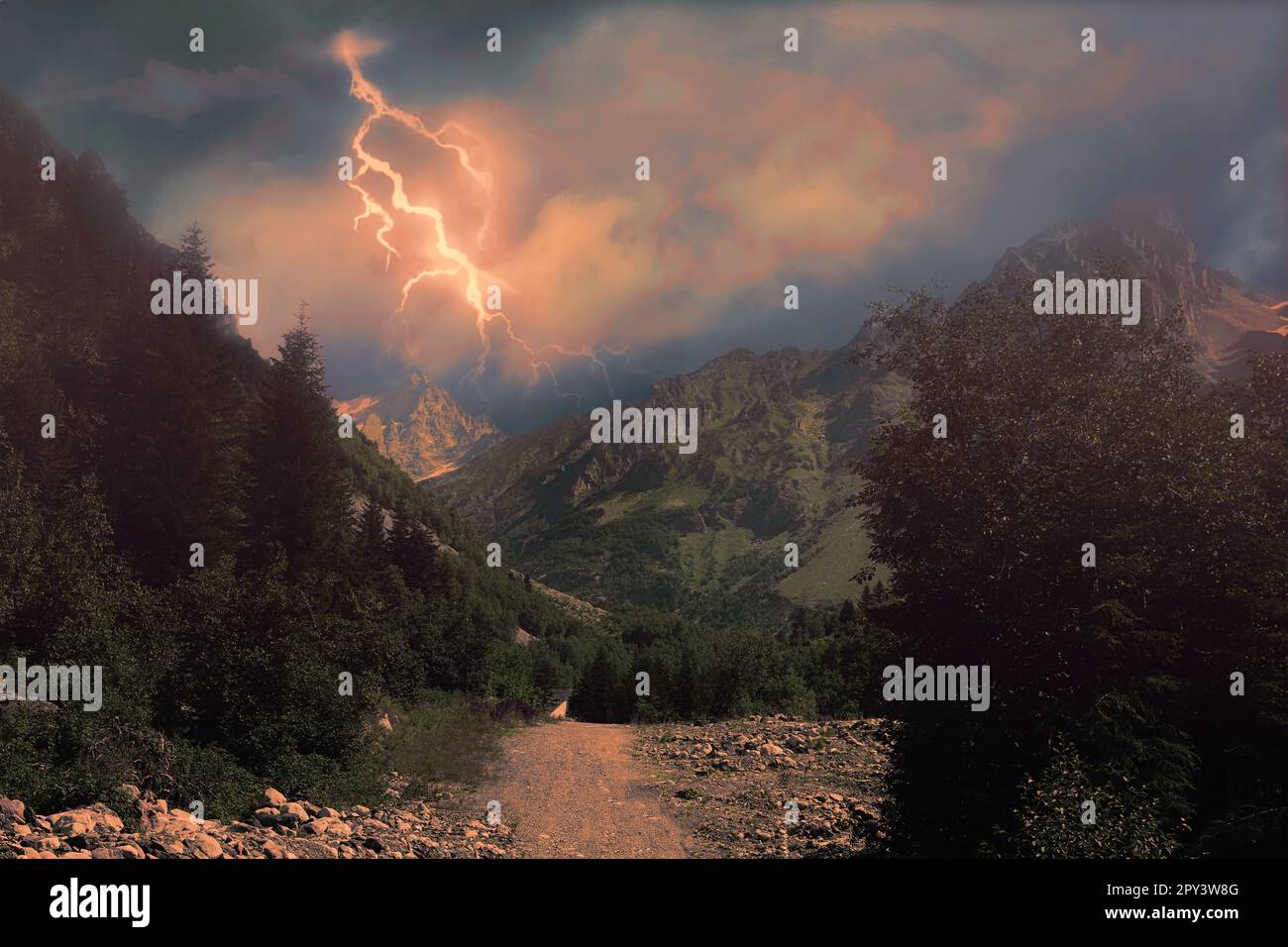 Dark cloudy sky with lightnings over beautiful trees and mountains. Thunderstorm Stock Photo