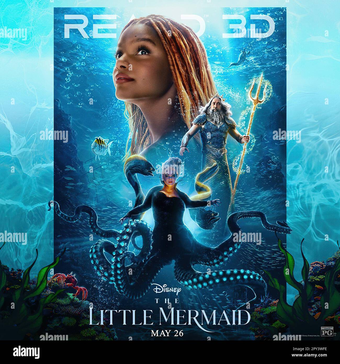 THE LITTLE MERMAID, US RealD 3D poster, center from top Halle Bailey as Ariel, Javier Bardem as