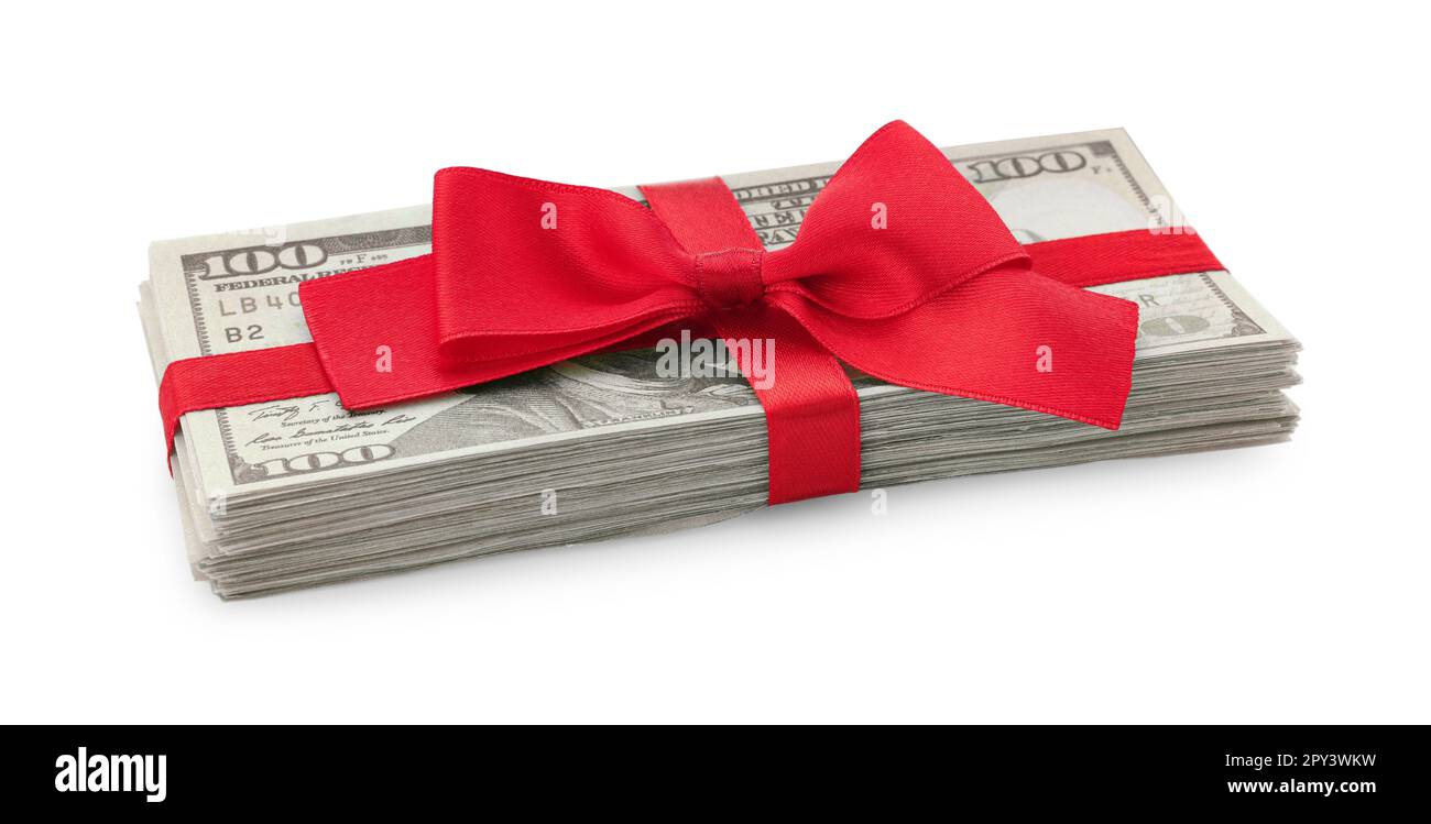 Stack of dollar banknotes with red ribbon isolated on white Stock Photo ...