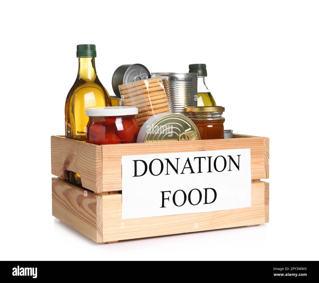 Donation crate with food isolated on white Stock Photo Alamy