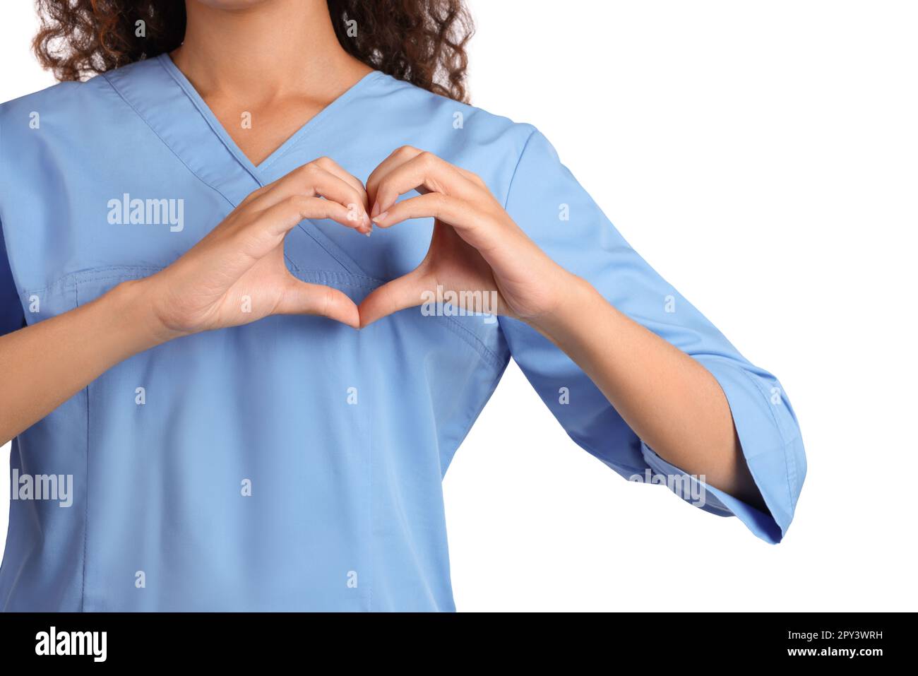 African-American doctor making heart with hands on white background ...