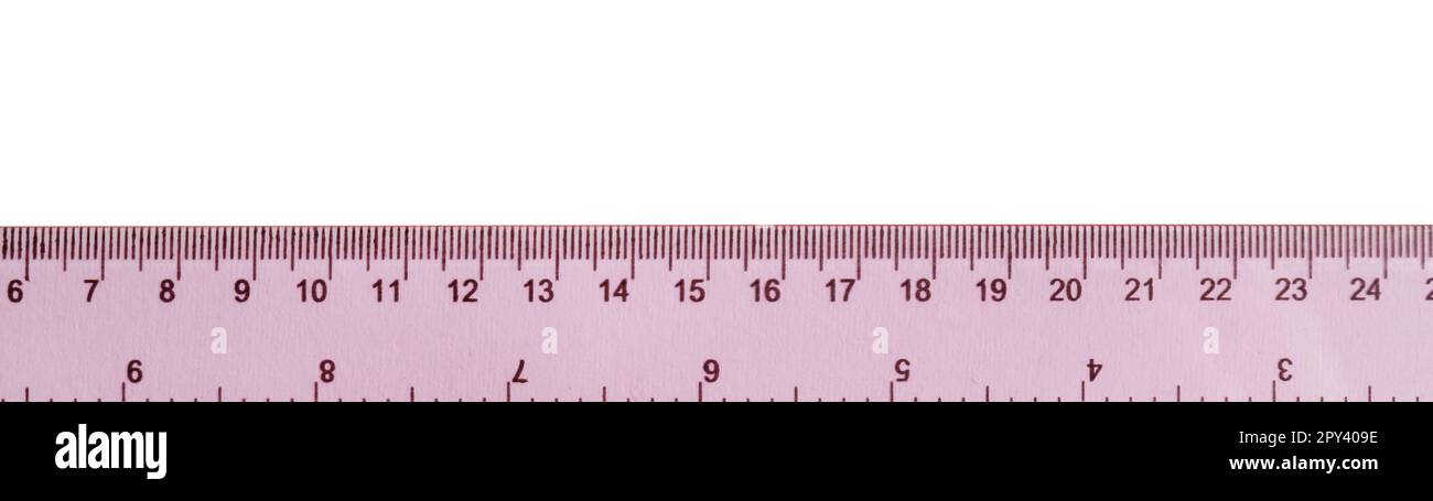 Realistic plastic pink ruler ribbon, on an isolated white background.  Two-way measurement in centimeters and inches. Stock image. Vector  illustration Stock Vector