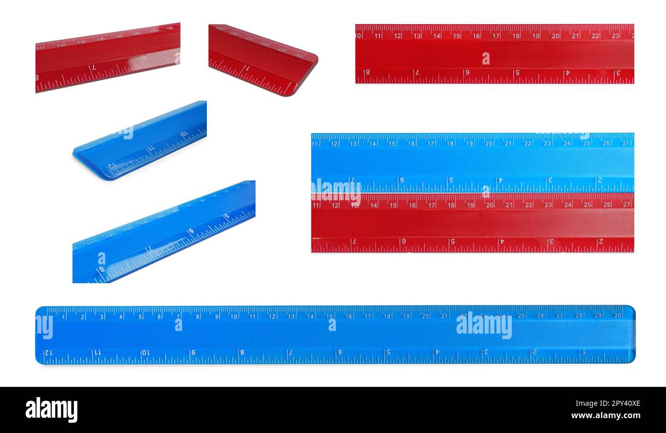 Set with different rulers with measuring length markings in centimeters