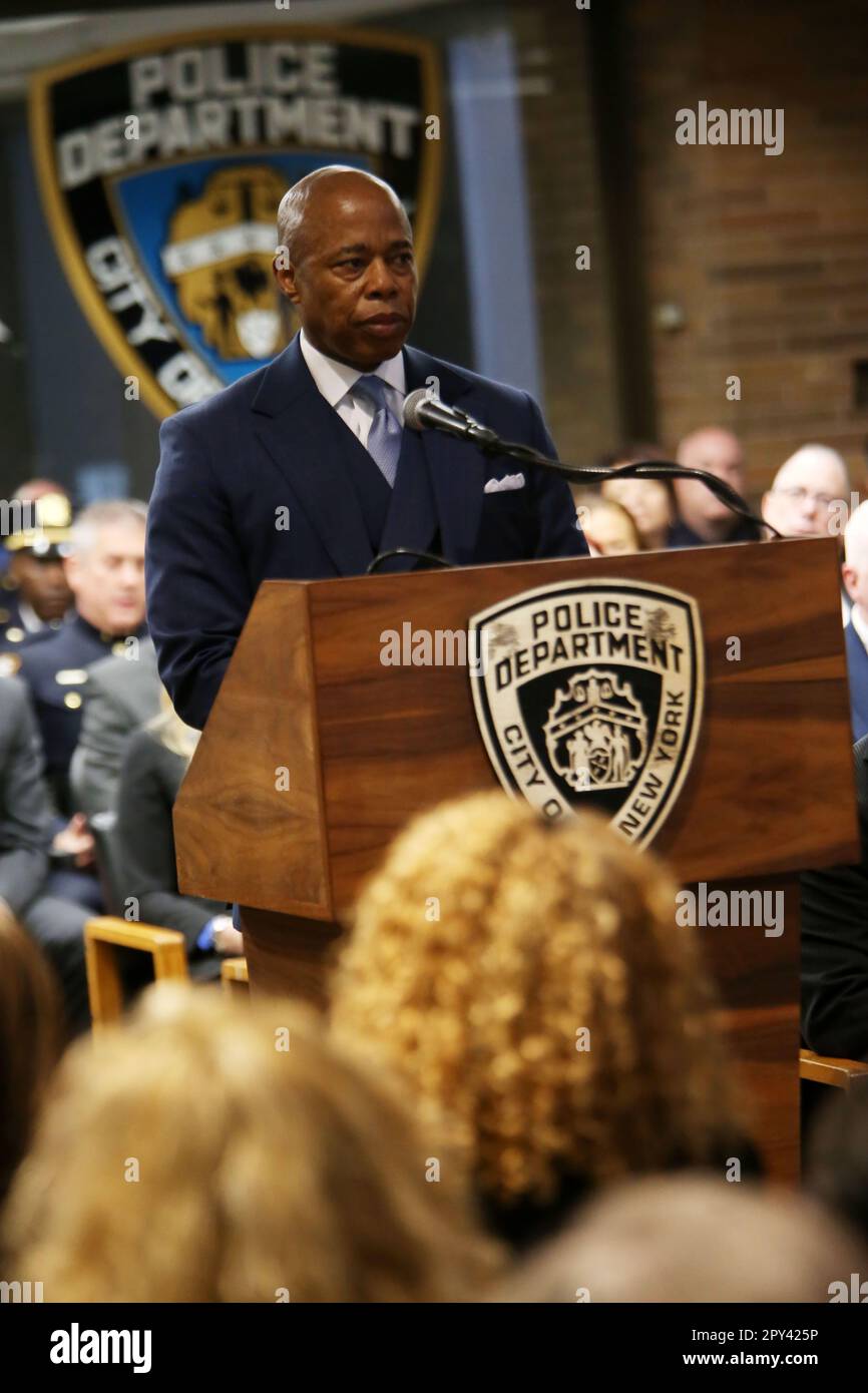 NEW YORK, NY - May 2: New York City Mayor Eric Adams along with New York City Police Commissioner Keechant Sewell deliver remarks at the Annual NYPD Hall of Heroes Memorial Ceremony at One Police Plaza on May 2, 2023 in New York City. Chris Moore/MediaPunch Stock Photo