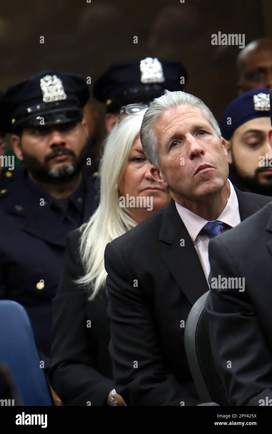 NEW YORK, NY - May 2: New York City Mayor Eric Adams along with New York City Police Commissioner Keechant Sewell deliver remarks at the Annual NYPD Hall of Heroes Memorial Ceremony at One Police Plaza on May 2, 2023 in New York City. Chris Moore/MediaPunch Stock Photo