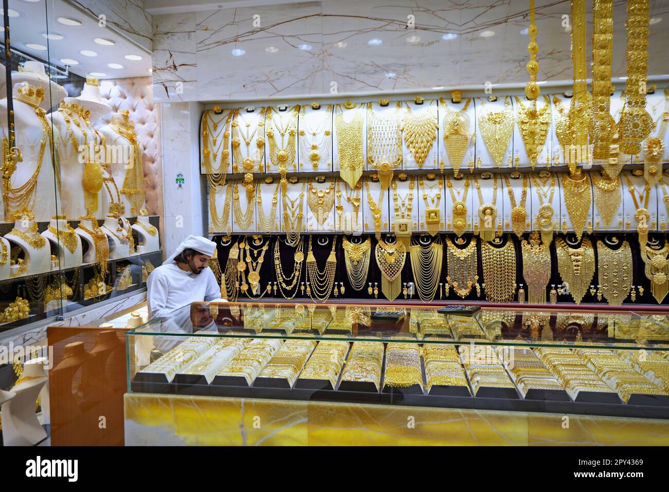 Dubai gold souk market window with jewellery, necklaces, dress and