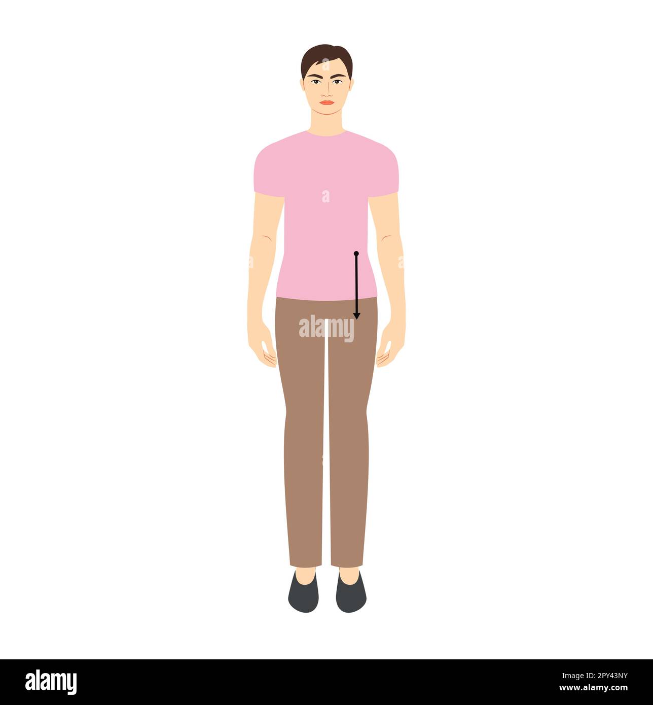 Men to do body rise measurement body with arrows fashion Illustration for size chart. Flat male character front 8 head size boy in pink shirt. Human gentlemen infographic template for clothes Stock Vector