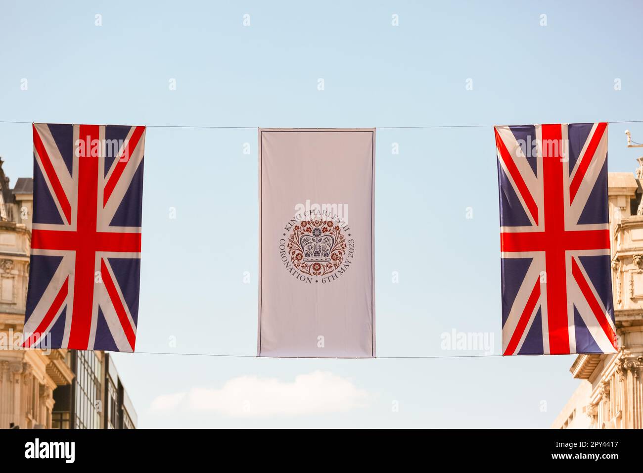 London, UK. 20 April 2023. Union flags on Bond Street as preparations continue ahead of the coronation of King Charles III on 6 May. © Waldemar Sikora Stock Photo