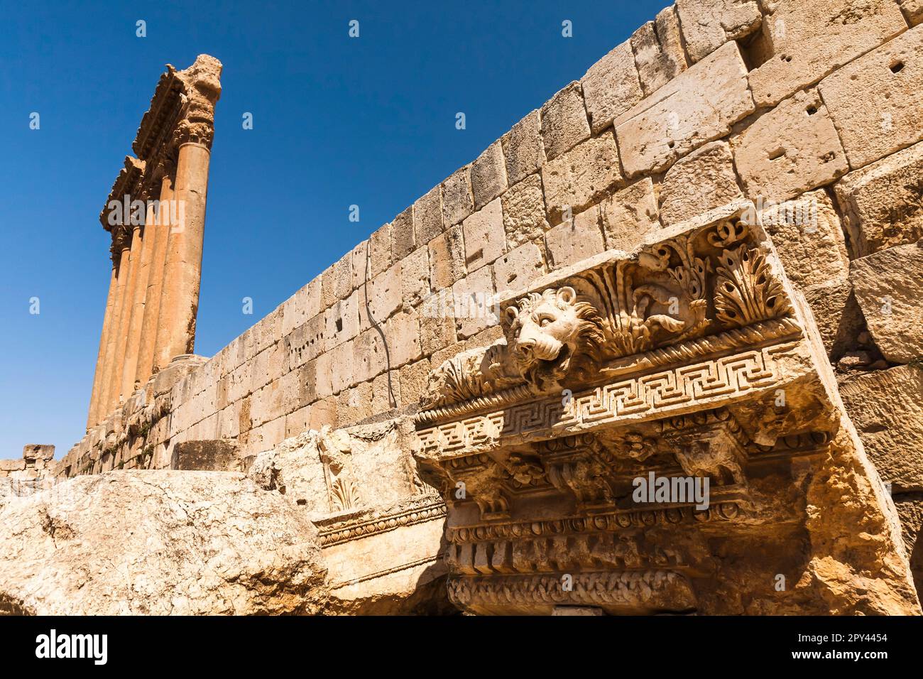 Baalbek, Temple of Jupiter, Largest Roman temple, Carving of Lion head, Bekaa valley, Baalbek, Baalbek-Hermel Governorate, Lebanon, middle east, Asia Stock Photo