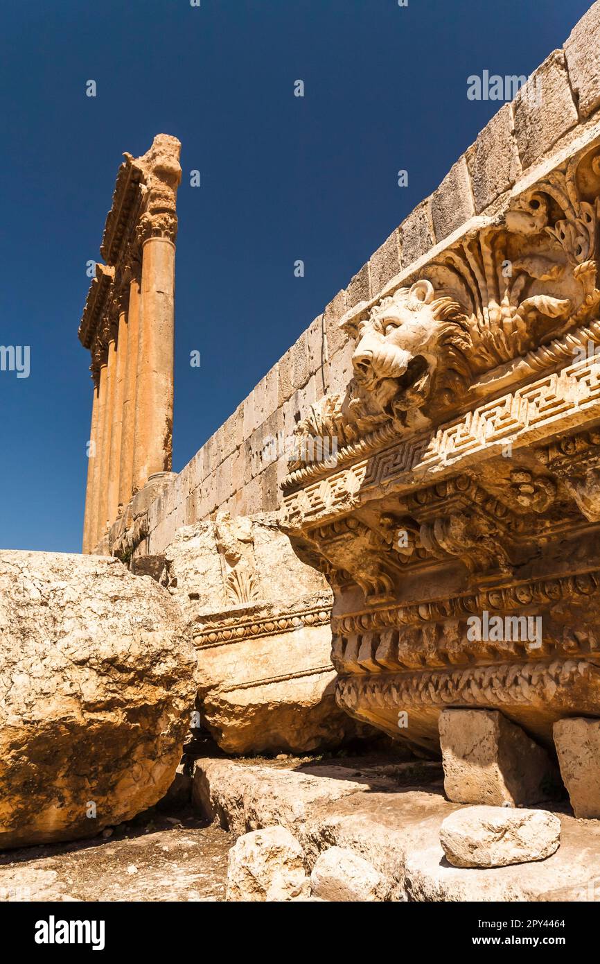 Baalbek, Temple of Jupiter, Largest Roman temple, Carving of Lion head, Bekaa valley, Baalbek, Baalbek-Hermel Governorate, Lebanon, middle east, Asia Stock Photo
