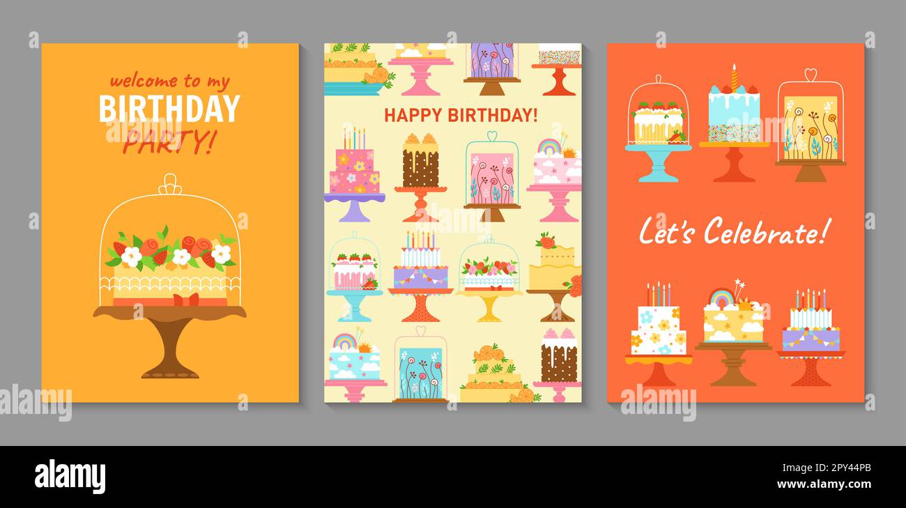 Py Birthday Birthday cakes card cartoon set. Birthday party desserts, celebration ...