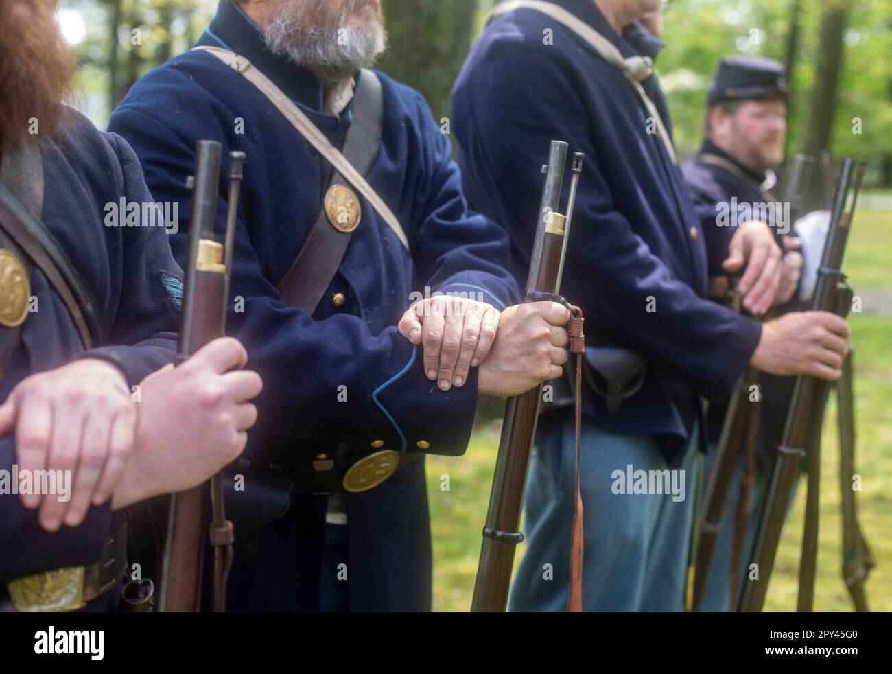 Men holding rifles at a US Civil War reenactment in New Jersey Stock Photo